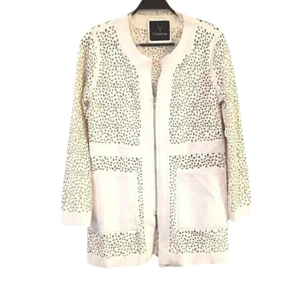 Cristina White Laser Cut Faux Leather Lace Trim Zip Front Longline Jacket